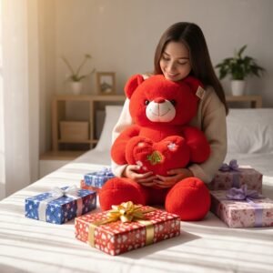 Large Red Love Teddy Bear with Heart Cushion