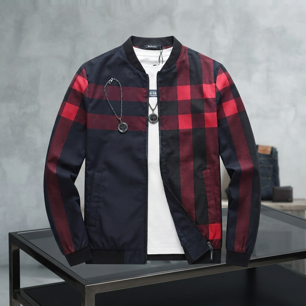 Men's Black Checkered Bomber Jacket - L, Black