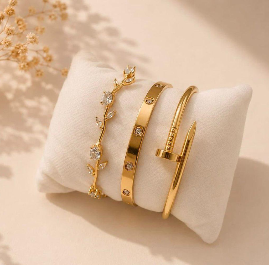 3-Piece Golden Cartier & Nail Style Bracelet Set