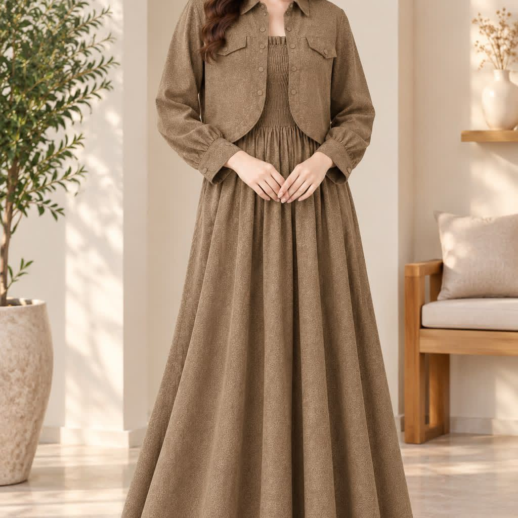Elegant Co-ord Dress and Jacket Set - L, Beige