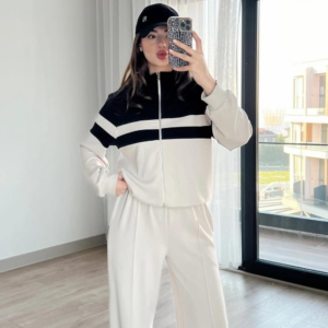 Premium Panel Tracksuit For Women Stylish Athletic Wear Set | Zip-up Jacket And Trouser - Cream Color - L